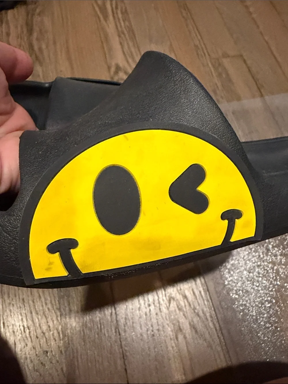 Kids Black Slide Sandals with Yellow Winking Smiley